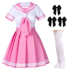 PRICES MAY VARY. Material: Terylene+cotton,100%Brand new. Japanese Seifuku Anime Pink Sailor Package includes: Shirt*1+Skirt*1+Pink Cravat*1+Over the knee high socks*1 + Hairpin *3、5-piece set Suit for: Daily wear pink suit school uniforms,Fun as birthday or holiday gifts,Halloween party uniforms, Cosplay party uniforms.Halloween costume , theme party, cosplay, on the stage,comic cons, themed parties, etc. It's also the great gift for friends and Anime lovers,fashion enthusiasts,Anime comic exhi Girls Sailor Dress, Sailor Outfit, Japanese Uniform, Pink Pleated Skirt, Anime School, Anime Cosplay Costumes, Sailor Dress, Pink Suit, Kawaii Fashion Outfits