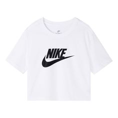 (WMNS) Nike Sportswear Essential Short Casual Crew Neck Short Sleeve T-Shirt White BV6176-100 (Women's/Round Neck) Nike Shirts Women's, Black Nike Shirt, 7th Grade Outfits, Nike Women Outfits, Cool Nikes, Nike Top, Nike Shirt, 7th Grade, Nike Tshirt