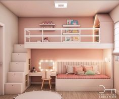 a bedroom with pink walls and white bunk beds, stairs to the second floor are lit by lights