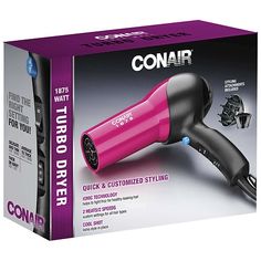 Give your hair long-lasting volume quickly and quietly with this sleek and versatile 1875w Conair Turbo Styler Ionic Hair Dryer. With excellent heat and airflow driven by the quiet-tone motor, this Conair Ionic conditioning hair dryer uses turbo action and ion output to boost volume and condition your hair. With a concentrator and diffuser included, this Conair hair dryer also has a cool shot button for that moment when you want to lock in your next look. The handy hang loop attached to this Revolve Hair Dryer, Hair Dryer With Diffuser For Curly Hair, Conair Hair Dryer, Hair Dryer With Diffuser, Curly Hair Dryer Diffuser, Hair Dryers, Ionic Hair Dryer, Lock Style, Fun Shots