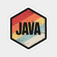 a sticker with the word java written in black on top of a rainbow striped hexagon