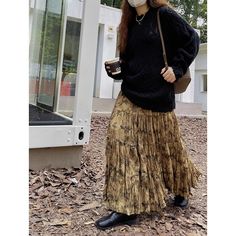 Fabric: Polyester Size: F Brown Tiered Skirt Bottoms For Fall, Brown Tiered Skirt For Fall, Brown Pleated Tiered Skirt, Casual Tiered Maxi Skirt For Winter, Casual Brown Maxi Skirt For Fall, Casual Brown Skirt For Winter, Casual Brown Winter Skirt, Casual Pleated Maxi Skirt For Winter, Brown Flowy Skirt For Fall