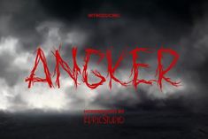 the title for an animated horror movie with red writing on it and dark clouds in the background