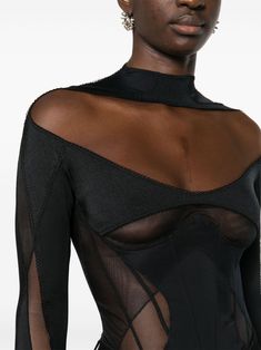 Find MUGLER Mesh-detail Bodysuit on Editorialist. black, brown stretch-design semi-sheer construction panelled design high neck long sleeves thumb slots concealed rear hook and zip fastening Just a reminder that this piece must be tried on over your own garments. Mugler Bodysuit, High Neck Long Sleeve, Just A Reminder, Black Bodysuit, Panel Design, Slots, High Neck, Top Brands, Long Sleeves