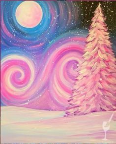 an acrylic painting of a christmas tree and the moon