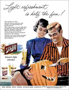 an old advertisement for pella's beer with two people carving pumpkins on it