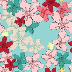 a bunch of flowers that are on a blue and pink background with white, red, and green leaves