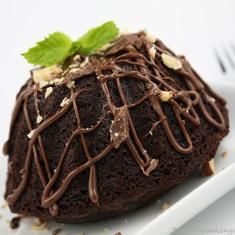 a piece of chocolate cake sitting on top of a white plate with a green leaf