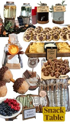 an assortment of snacks and desserts are arranged in a collage with the words snack table