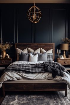 a bedroom with black walls and plaid bedding