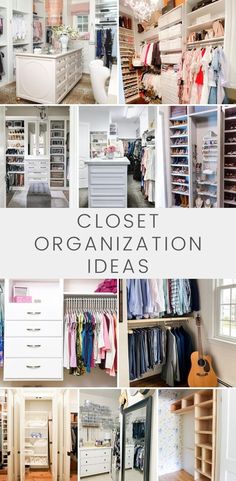 the closet organization ideas are organized with white drawers, shelves and hanging clothes on hangers