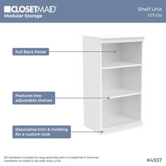 a white bookcase labeled with instructions for how to put it in the closet and what to use