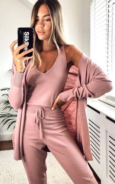 Homewear Outfit, Pink Loungewear, Flight Outfit, Comfy Travel Outfit, Knit Lounge Set, Homewear Woman, Cute Pajama Sets