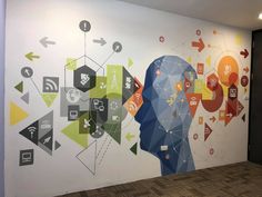 an office wall painted with colorful geometric shapes and arrows in the shape of a man's head