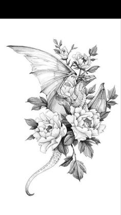 a black and white drawing of flowers with a dragon