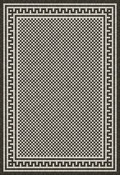 a black and white area rug with an intricate design on the center, in squares