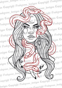 a woman with long hair and horns on her head is drawn in red ink, while the