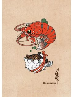 a drawing of a lobster and a dog on a piece of paper with chinese writing