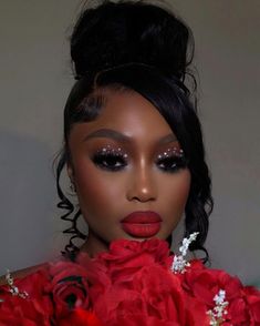 Makeup For A Black Tie Event, Black Makeup Black Women, Black And Red Makeup Looks Black Women, Red Make Up Looks On Black Women, Sultry Makeup For Black Women, Red Lip Smokey Eye Makeup Look, Silver And Red Makeup, Red Lip Makeup Look Black Women Make Up, Dark Skin Beauty Makeup