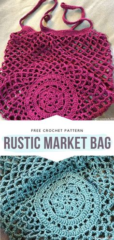 two crocheted purses with the words rustic market bag