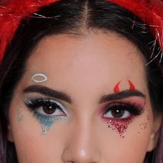 Angel And Devil Makeup, Make Up Fantasi, Ideas Disfraces Halloween, Devil Makeup Halloween, Makeup Quiz, Carnaval Make-up, Pelottava Halloween, Makeup Ideas Halloween