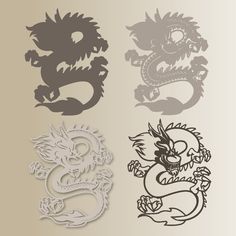 four dragon stencils are shown in three different colors and sizes, one is black, the other is white