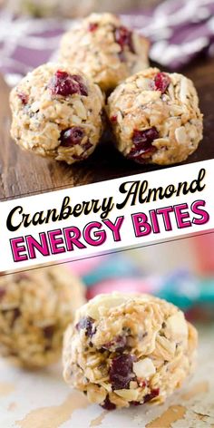 cranberry almond energy bites are stacked on top of each other and ready to be eaten