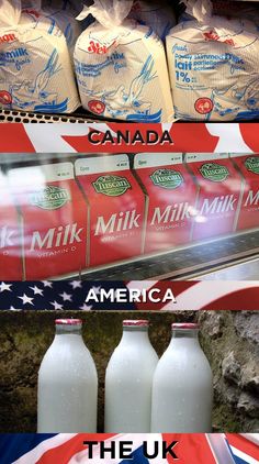 bottles of milk are on display for sale in a grocery store with the canadian flag