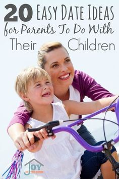 a woman riding on the back of a purple bike next to a little boy wearing a white shirt