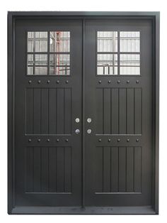 two double doors with glass panels on each side and one door is black in color