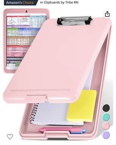 a pink clipboard with pens, notebooks and other items in it