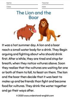 the lion and the boar reading activity for kids to learn how to read it with pictures