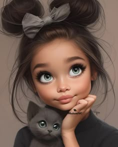 a digital painting of a girl holding a cat with her hand on her chin and looking at the camera