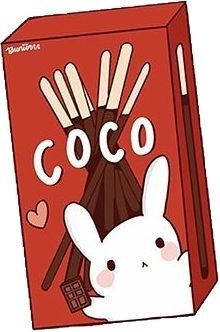 an illustration of a chocolate box with bunny ears on it and the word coco written in white