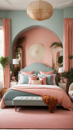 a bedroom with pink and blue walls, a bed in the center and pillows on the bottom