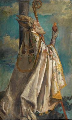 an oil painting of a woman in white dress holding a bird on her arm and standing next to a pole