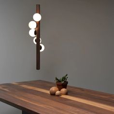 a potted plant sitting on top of a wooden table next to a light fixture