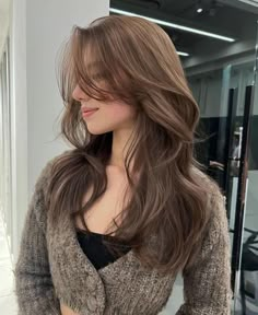 Pelo Aesthetic, Coffee Hair Color, Haircut Layers, Coffee Hair, Bangs Long