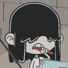 a cartoon girl brushing her teeth in front of a mirror