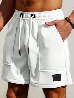 Men Letter Patched Drawstring Waist Shorts White Casual   Knitted Fabric Colorblock,Letter,Plain Straight Leg Non-Stretch  Men Clothing, size features are:Bust: ,Length: ,Sleeve Length: Muscular Men Fashion, Mens Shorts Outfits, Orange Style, Running Shorts Men, Cargo Pants Outfit, Drawstring Waist Shorts, Mens Casual Dress Outfits, Guys Clothing Styles, Mens Fashion Casual Outfits