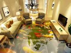 a living room filled with lots of fish swimming in the middle of it's floor