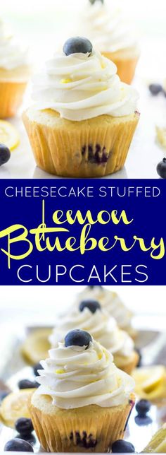 lemon blueberry cupcakes with white frosting and fresh blueberries on top