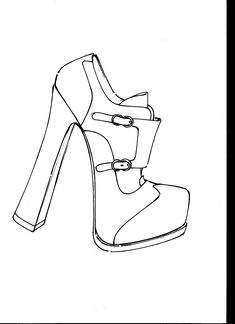 a drawing of a high heeled shoe with buckles on the front and side