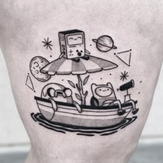 a black and white image of a boat with two cats on it