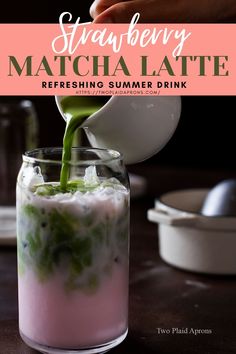 strawberry matcha latte refreshing summer drink with fresh mint and ginger syrup is an easy way to start the day off right now