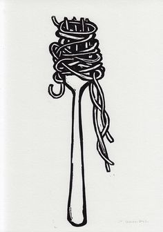 a black and white drawing of a fork with some noodles on it's end