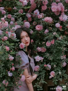 a woman standing in front of pink flowers