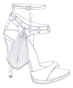 a drawing of a high heeled shoe with tassels on the ankle and strap