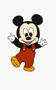 the mickey mouse cartoon character with his arms out and eyes wide open, in red overalls