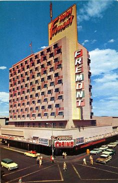 an old photo of the fremont hotel in las vegas, nv with cars parked outside